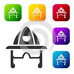 Black Firefighter helmet or fireman hat icon isolated on white background. Set icons in color square buttons. Vector