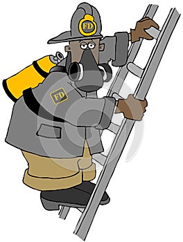 Black fireman climbing a ladder
