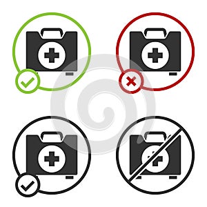Black First aid kit icon isolated on white background. Medical box with cross. Medical equipment for emergency