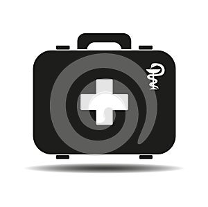 Black first aid kit isolated on white background. Health, help and medical diagnostics concept. Flat design.