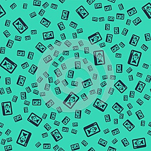 Black Fish finder echo sounder icon isolated seamless pattern on green background. Electronic equipment for fishing