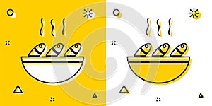 Black Fish soup icon isolated on yellow and white background. Random dynamic shapes. Vector.