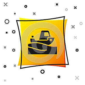 Black Fishing boat on water icon isolated on white background. Yellow square button. Vector