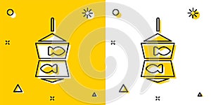 Black Fishing net with fish icon isolated on yellow and white background. Random dynamic shapes. Vector