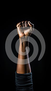 Black fist raised against black background, AI