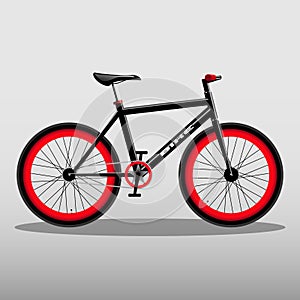 Black fixed gear bicycle Isolated on gray. Road bike with red wheels. Extreme bike.