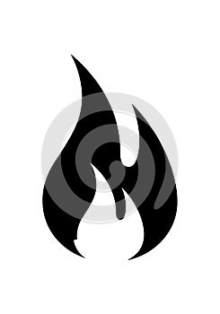 Black flame silhouette on a white background. Simple, bold design