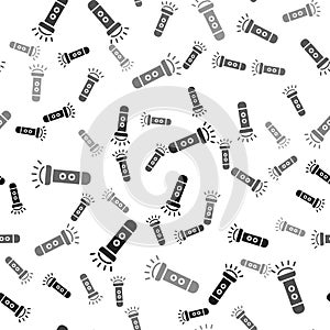 Black Flashlight icon isolated seamless pattern on white background. Vector