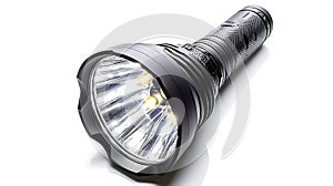 A black flashlight with a white light