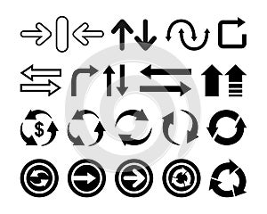 Black flat arrows. The direction arrows. Icons set. Vector illustration isolated on white background