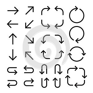 Black flat arrows set. Bold style. Vector illustration isolated on white background