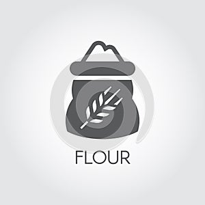 Black flat icon of bag with flour - ingredient for various recipes. Vector symbol of cooking, harvest, culinary. Vector