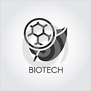 Black flat icon of leaf and molecule symbolizing modern biotech. Simplicity label of biotechnology concept. Vector logo photo