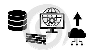 Black flat icon set of database server firewall computer network cloud upload connection technology concept