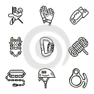 Black flat line vector icon set with a picture of Equipment for