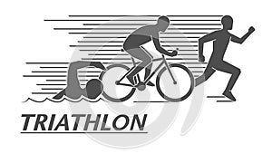 Black flat logo triathlon. Vector figures triathletes.