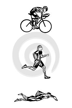 Black flat logo triathlon. Vector figures triathletes on a white background. Swimming, cycling and running symbol. for