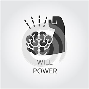 Black flat vector icon willpower as brain and muscle hand