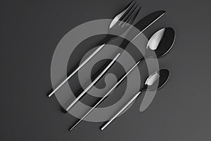 Black flatware set on dark grey background, cutlery for dining or lunch with spoon and fork isolated mockup. Ai