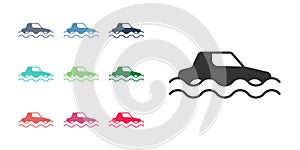 Black Flood car icon isolated on white background. Insurance concept. Flood disaster concept. Security, safety