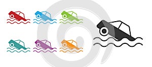 Black Flood car icon isolated on white background. Insurance concept. Flood disaster concept. Security, safety