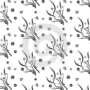 Black floral bush with flower scatter pattern white background