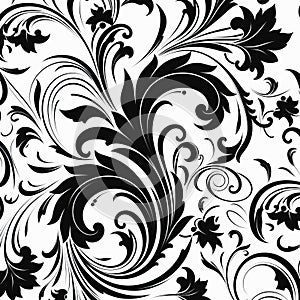 Black Floral Design With Swirling Vortexes And Leaf Patterns