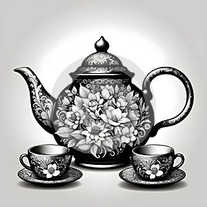 Black floral teapot with cups