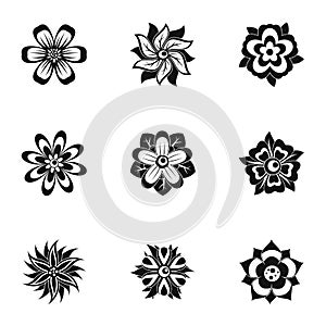 Black flower icon set, simple style