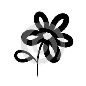 Black flower with leaves hand drawn line stroke outline silhouette