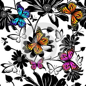 Black flowers on a white background with butterflies. hand drawing. Not AI, Illustrat3. Vector illustration photo