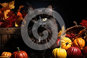 Black fluffy cat in the autumn garden with orange pumpkins. Halloween, Mid-Autumn Festival. Generative AI