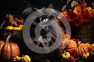 Black fluffy cat in the autumn garden with orange pumpkins. Halloween, Mid-Autumn Festival. Generative AI