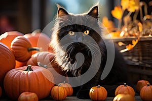 Black fluffy cat in the autumn garden with orange pumpkins. Halloween, Mid-Autumn Festival. Generative AI