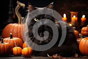 Black fluffy cat in the autumn garden with orange pumpkins. Halloween, Mid-Autumn Festival. Generative AI