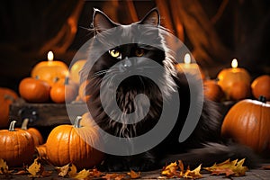 Black fluffy cat in the autumn garden with orange pumpkins. Halloween, Mid-Autumn Festival. Generative AI