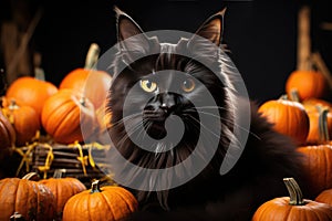 Black fluffy cat in the autumn garden with orange pumpkins. Halloween, Mid-Autumn Festival. Generative AI