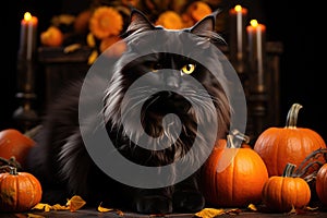 Black fluffy cat in the autumn garden with orange pumpkins. Halloween, Mid-Autumn Festival. Generative AI