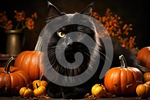 Black fluffy cat in the autumn garden with orange pumpkins. Halloween, Mid-Autumn Festival. Generative AI