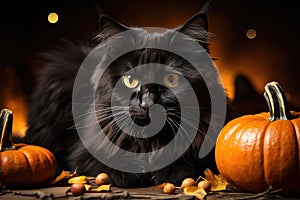 Black fluffy cat in the autumn garden with orange pumpkins. Halloween, Mid-Autumn Festival. Generative AI