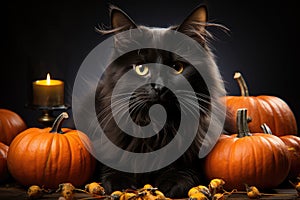 Black fluffy cat in the autumn garden with orange pumpkins. Halloween, Mid-Autumn Festival. Generative AI