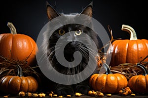 Black fluffy cat in the autumn garden with orange pumpkins. Halloween, Mid-Autumn Festival. Generative AI