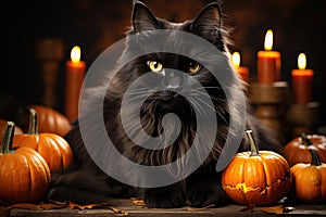 Black fluffy cat in the autumn garden with orange pumpkins. Halloween, Mid-Autumn Festival. Generative AI