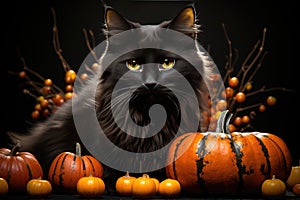 Black fluffy cat in the autumn garden with orange pumpkins. Halloween, Mid-Autumn Festival. Generative AI