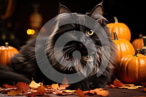 Black fluffy cat in the autumn garden with orange pumpkins. Halloween, Mid-Autumn Festival. Generative AI