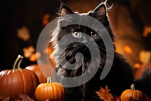 Black fluffy cat in the autumn garden with orange pumpkins. Halloween, Mid-Autumn Festival. Generative AI