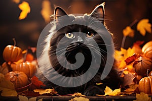 Black fluffy cat in the autumn garden with orange pumpkins. Halloween, Mid-Autumn Festival. Generative AI