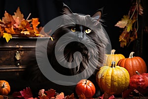 Black fluffy cat in the autumn garden with orange pumpkins. Halloween, Mid-Autumn Festival. Generative AI