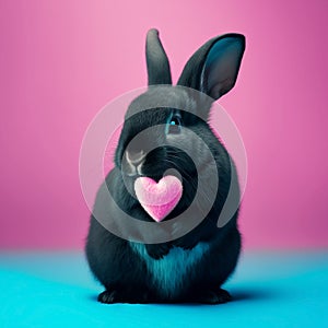 A black fluffy rabbit with long ears, holding a pink heart, on a pink background. Generative AI, generative artificial intelligenc