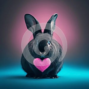 A black fluffy rabbit with long ears, holding a pink heart, on a pink background. Generative AI, generative artificial intelligenc